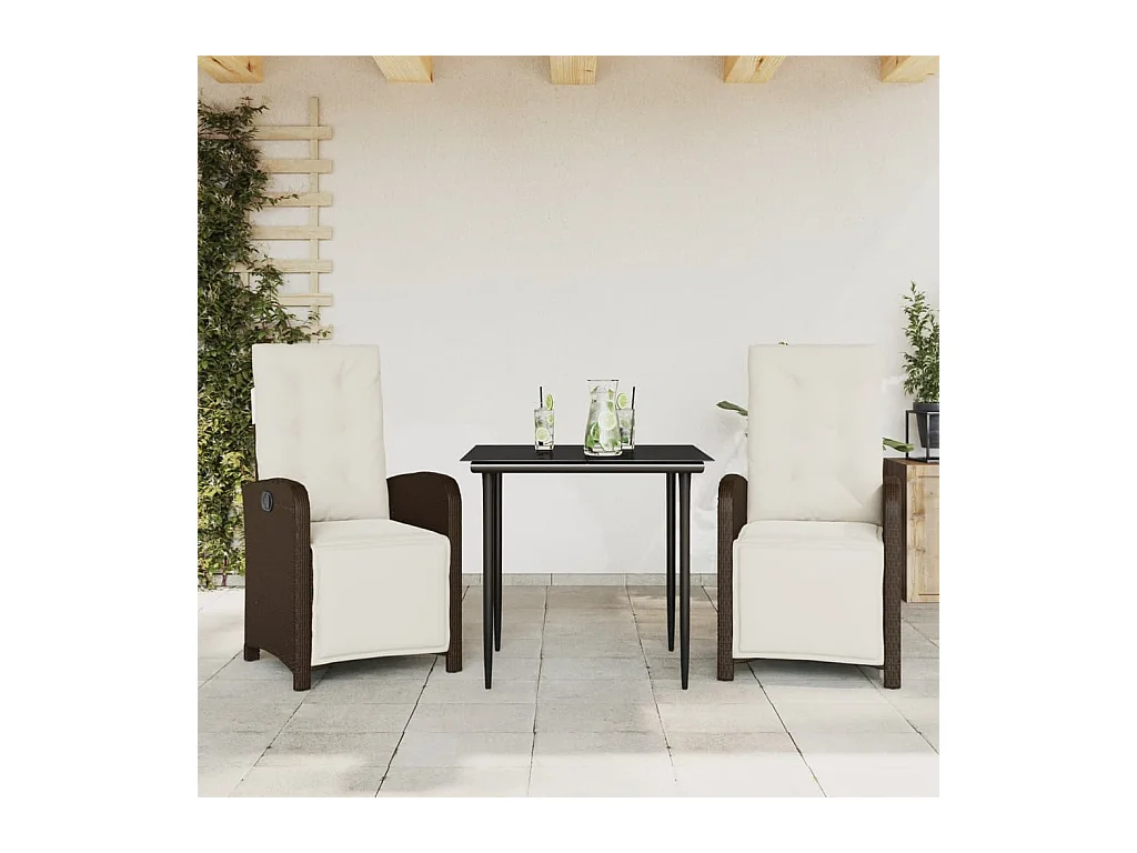 3 peças conjunto bistrô com almofadões vime PE castanho