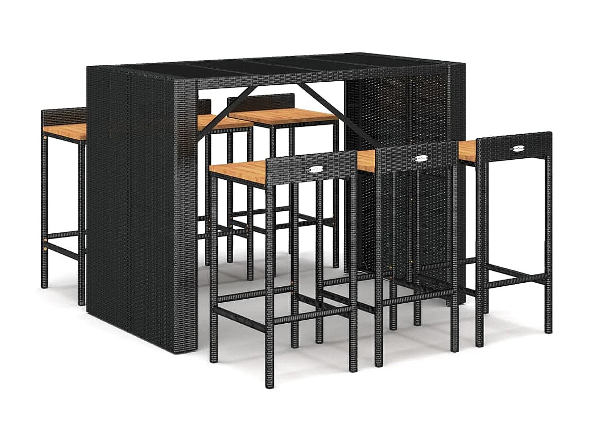 7 peças conjunto de bar p/ jardim vime PE/acácia maciça preto