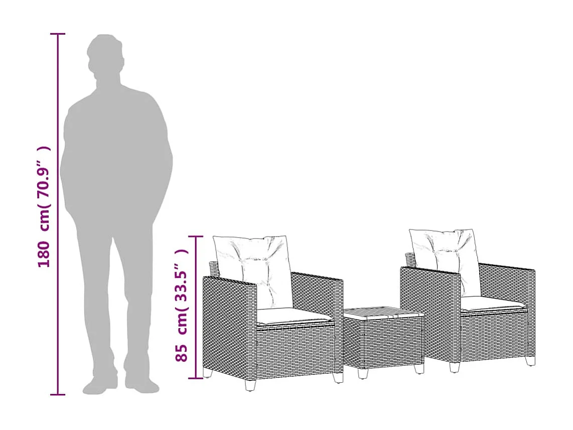 Ensemble de bistro 3 pièces et coussins noir résine tressée acacia