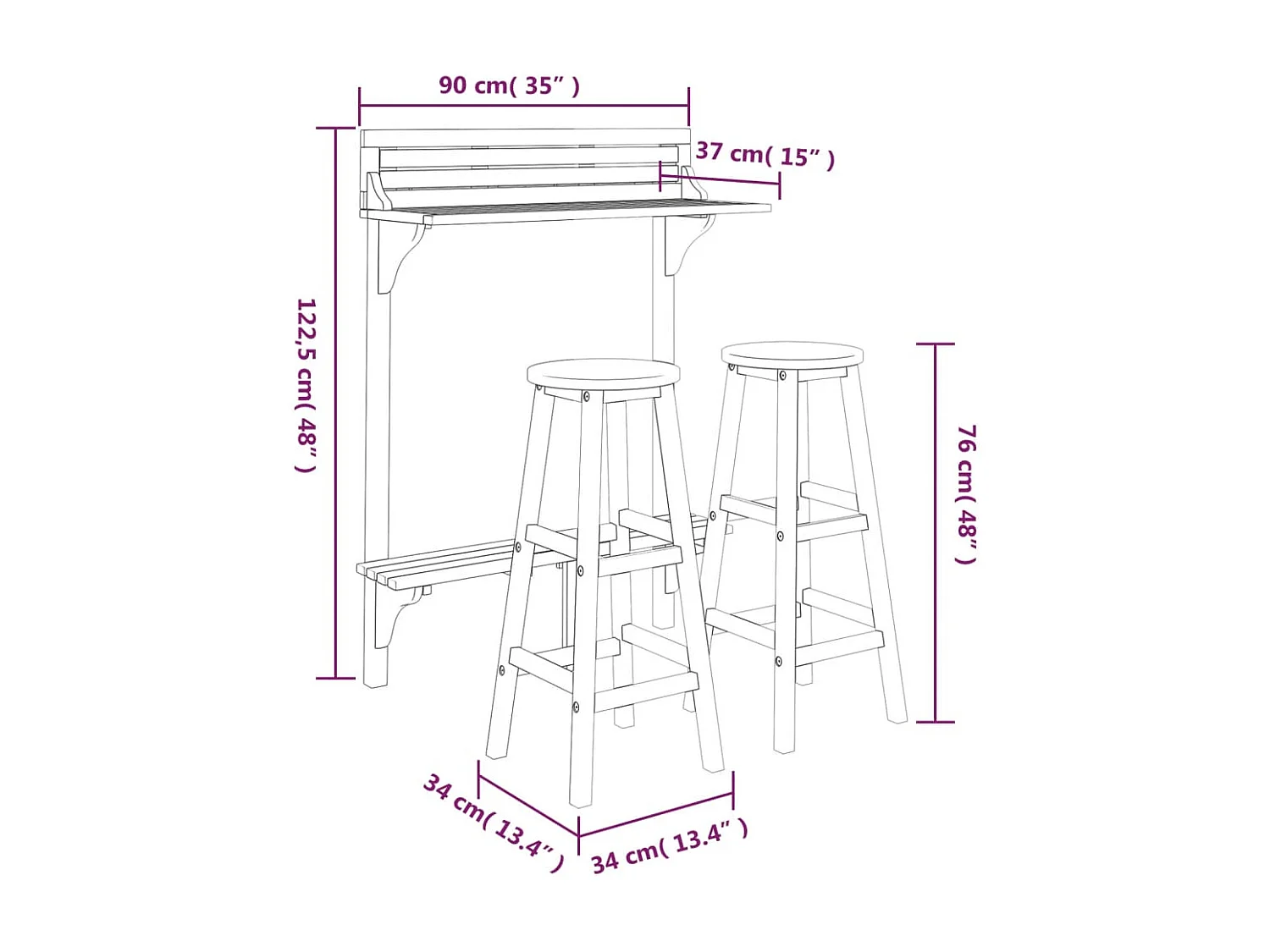 Ensemble de bar de balcon 3 pièces Bois d'acacia massif