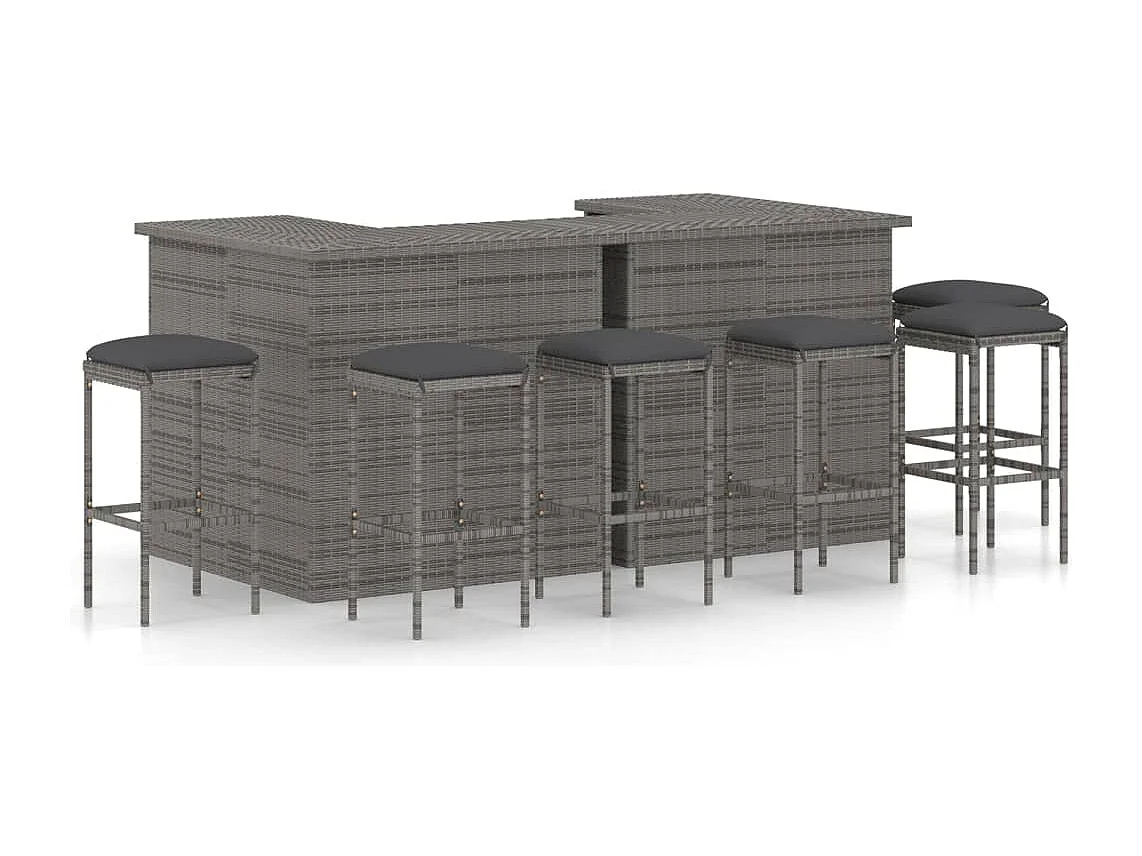 Set de bar para jardín 8 piezas y cojines ratán sintético gris