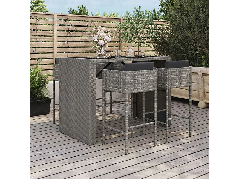 Mesa y taburetes altos jardín 5 piezas y cojines ratán PE gris