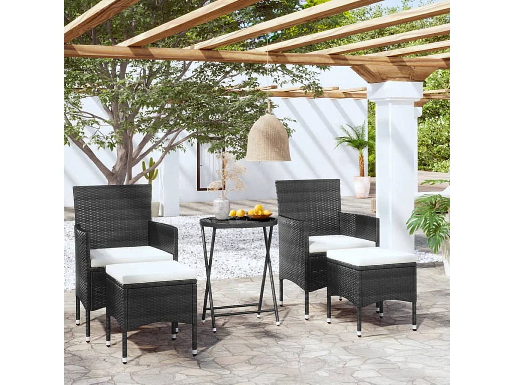 5 peças conjunto bistrô de jardim vime PE e vidro temperado preto