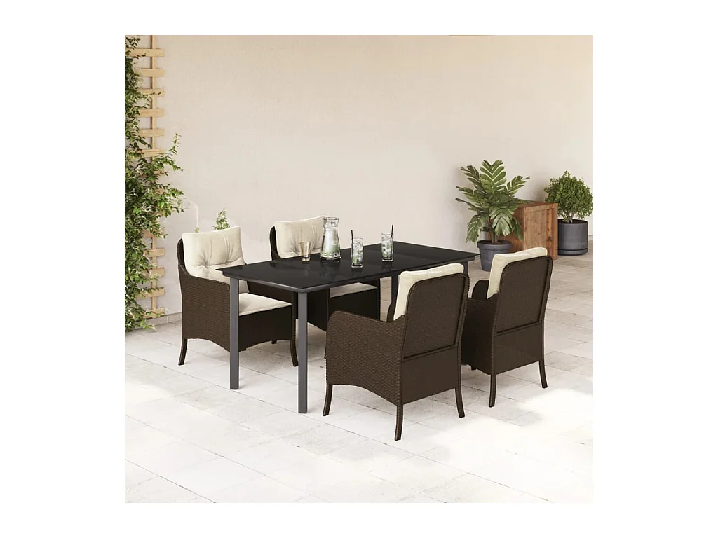 Ensemble à manger de jardin 5 pièces et coussins marron poly rotin