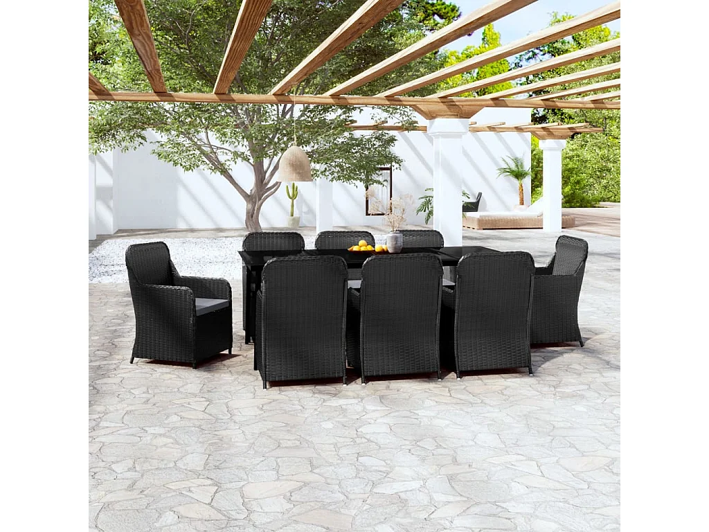 Juego de comedor para jardín 9 piezas con cojines negro