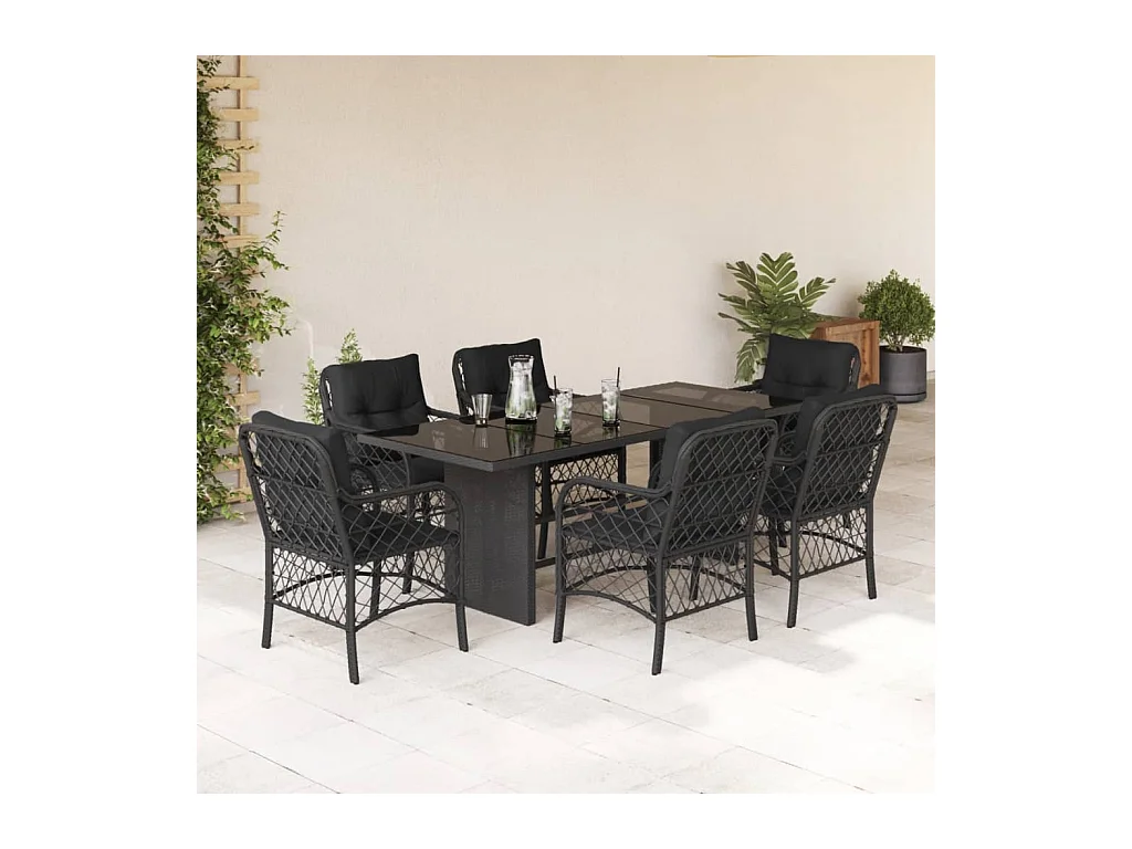7 peças conjunto de jantar p/ jardim c/ almofadões vime PE preto