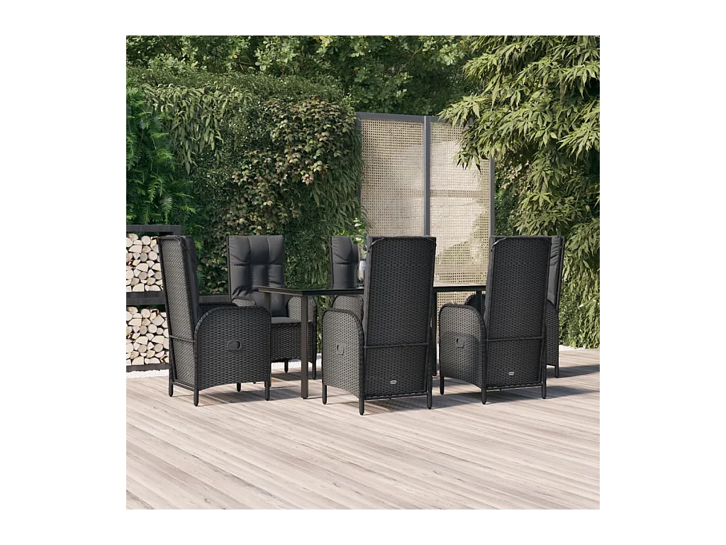 Ensemble à dîner de jardin et coussins 7 pièces Noir Résine tressée