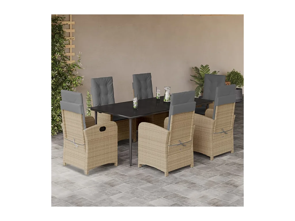 Ensemble à manger de jardin coussins 7 pièces mélange beige rotin