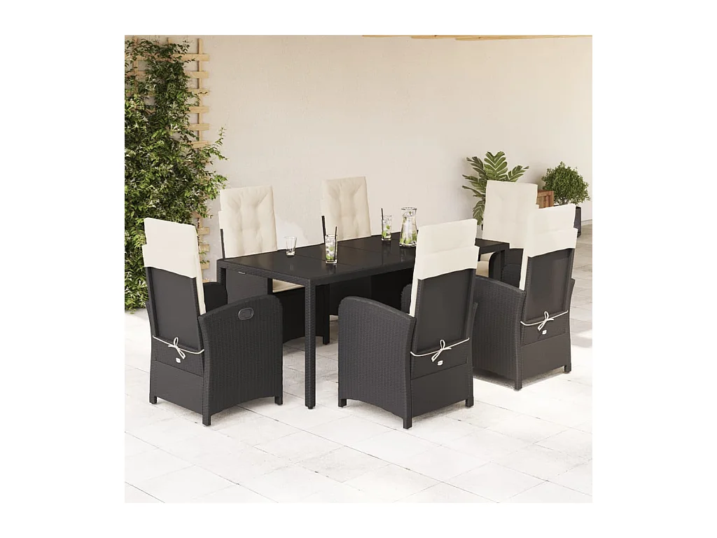 Set de comedor de jardín 7 piezas y cojines ratán sintético negro