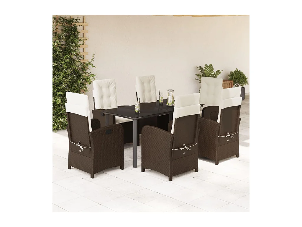Ensemble à manger de jardin et coussins 7 pièces marron rotin