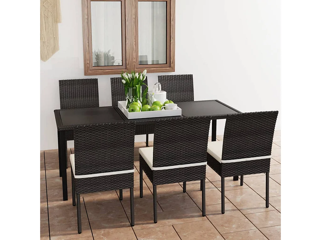 7 peças conjunto de jantar para jardim vime PE preto