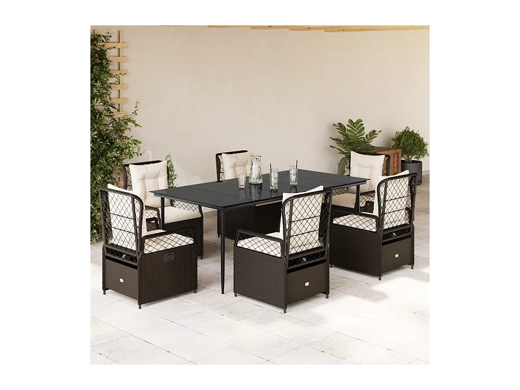 Ensemble à manger de jardin et coussins 7 pièces marron rotin