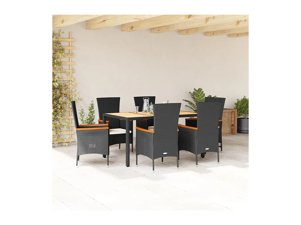 Ensemble à manger de jardin coussins 7 pièces Noir Résine tressée
