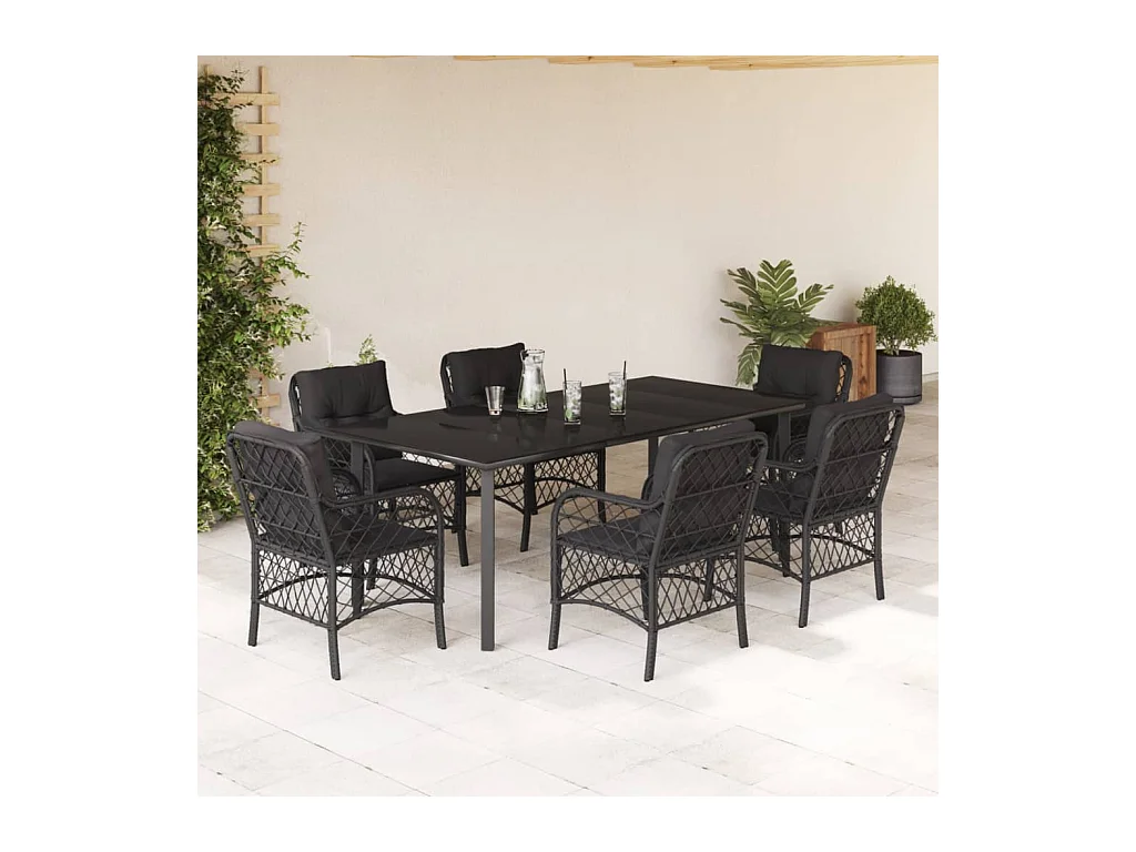 Ensemble à manger de jardin coussins 7 pièces Noir Résine tressée