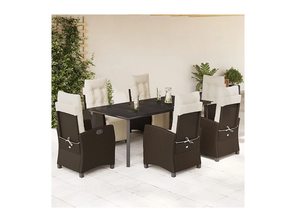Ensemble à manger de jardin et coussins 7 pièces marron rotin