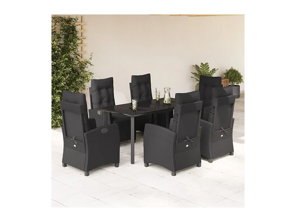 Ensemble à manger de jardin coussins 7 pièces Noir Résine tressée
