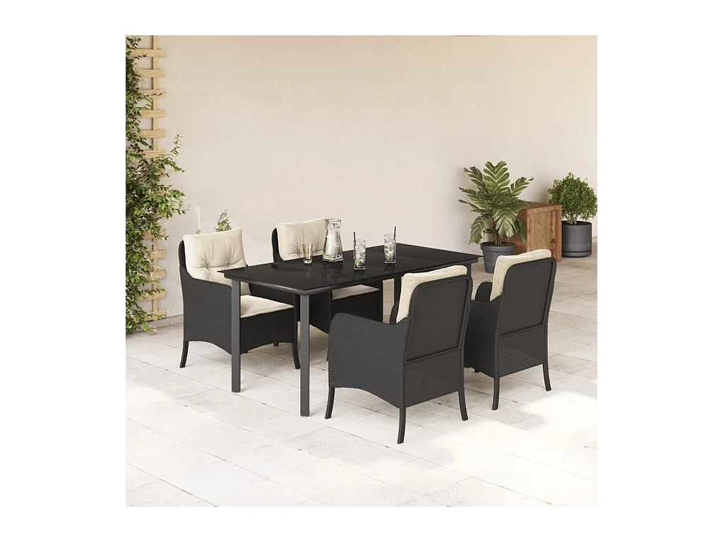 5-delige Tuinset met kussens poly rattan zwart