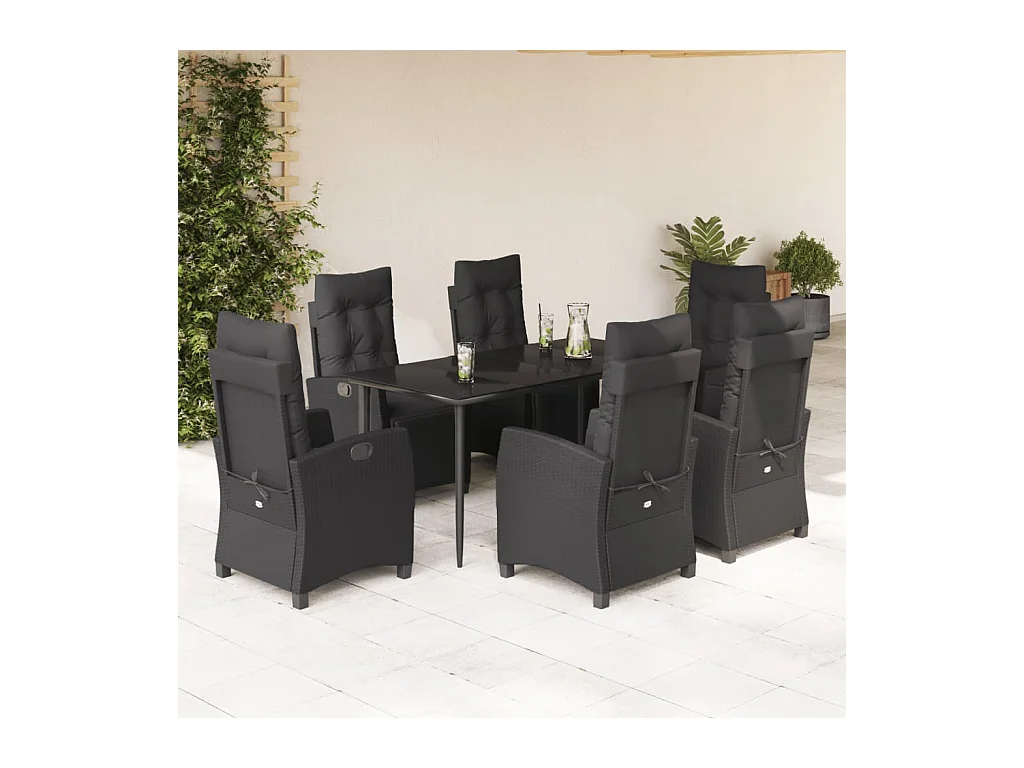 Set de comedor de jardín 7 piezas y cojines ratán sintético negro