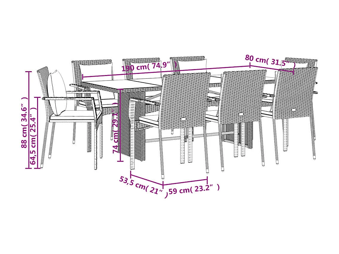 9 peças conjunto de jantar p/ jardim c/ almofadões vime PE cinza