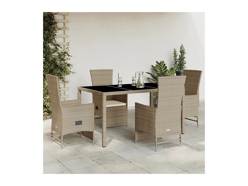 Ensemble à manger de jardin avec coussins 5 pièces Beige poly rotin