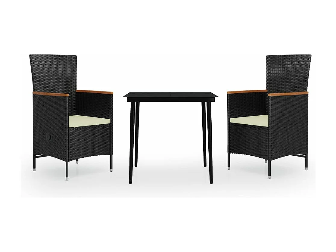 Juego de comedor de jardín de 3 piezas y cojines negro