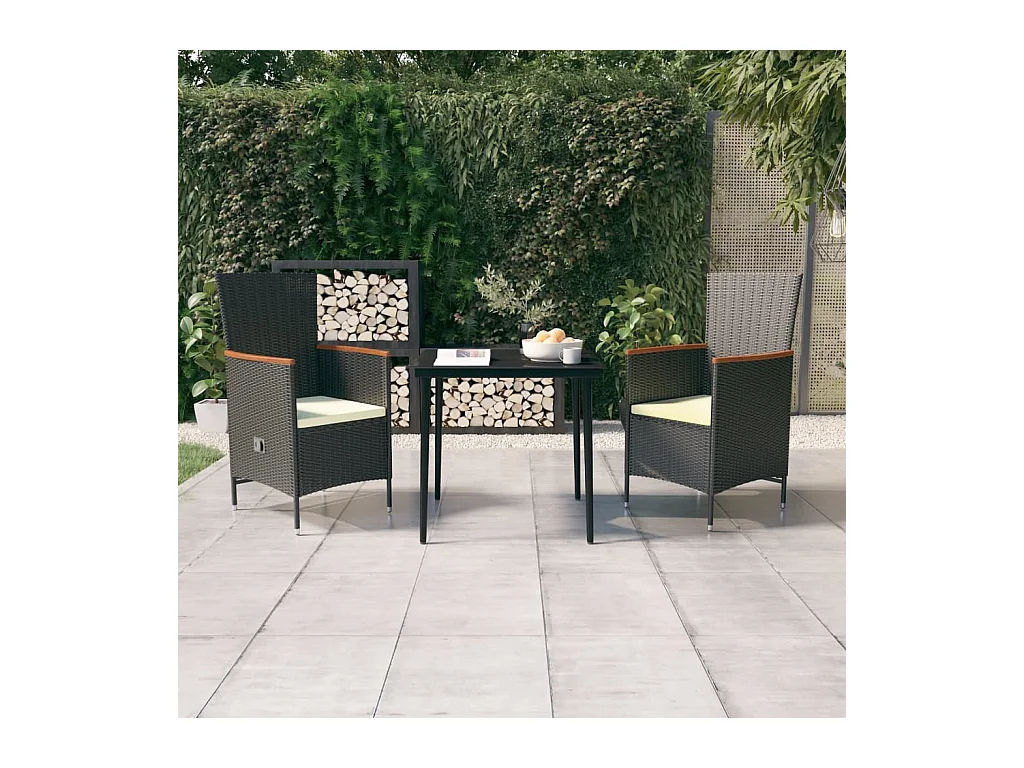 Mobilier de salle à manger de jardin avec coussins 3 pièces Noir