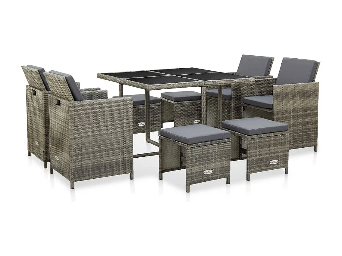 Mobilier à dîner de jardin 9 pièces et coussins Résine tressée Gris