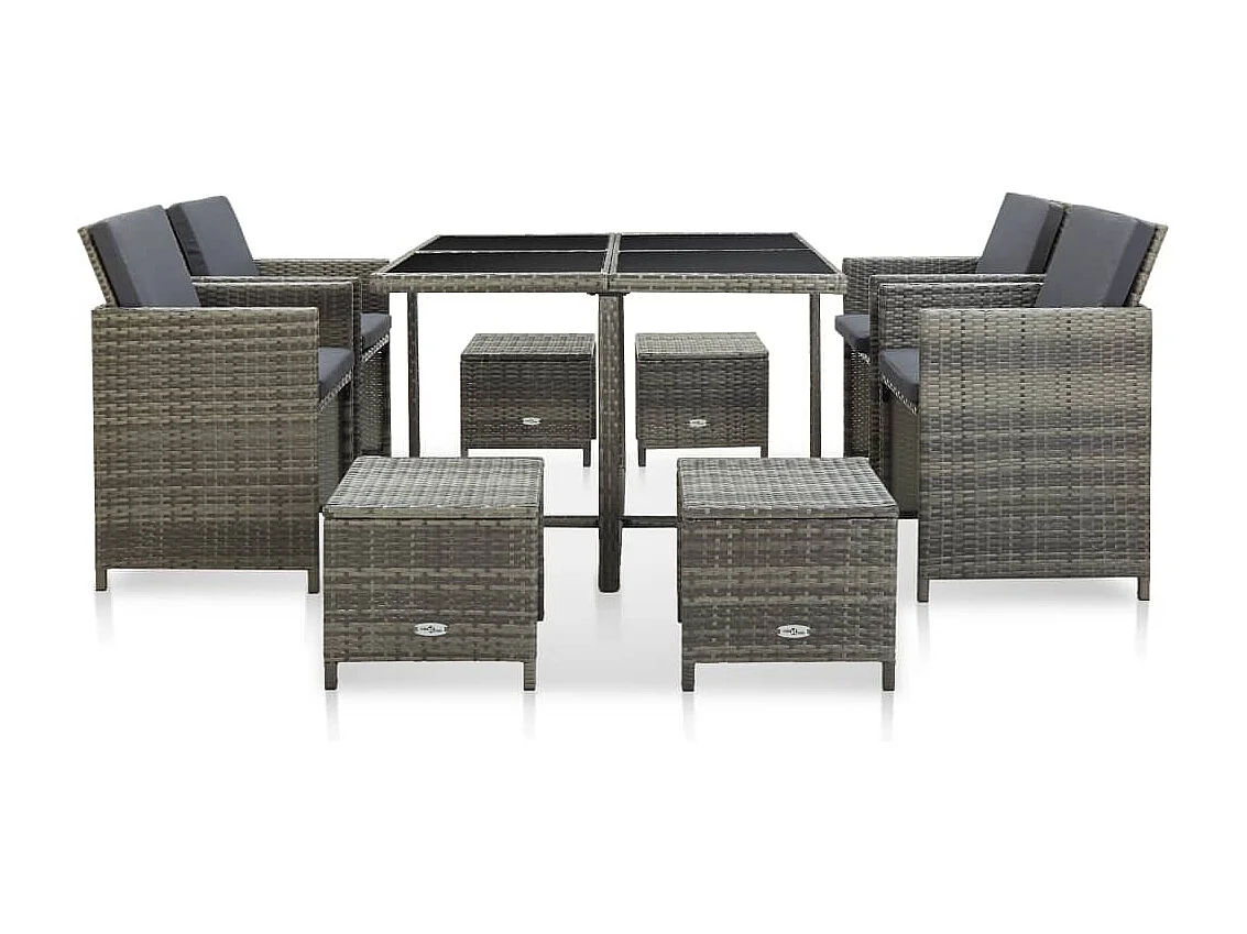 Mobilier à dîner de jardin 9 pièces et coussins Résine tressée Gris
