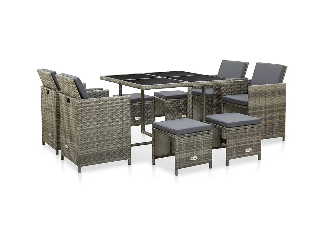 Mobilier à dîner de jardin 9 pièces et coussins Résine tressée Gris