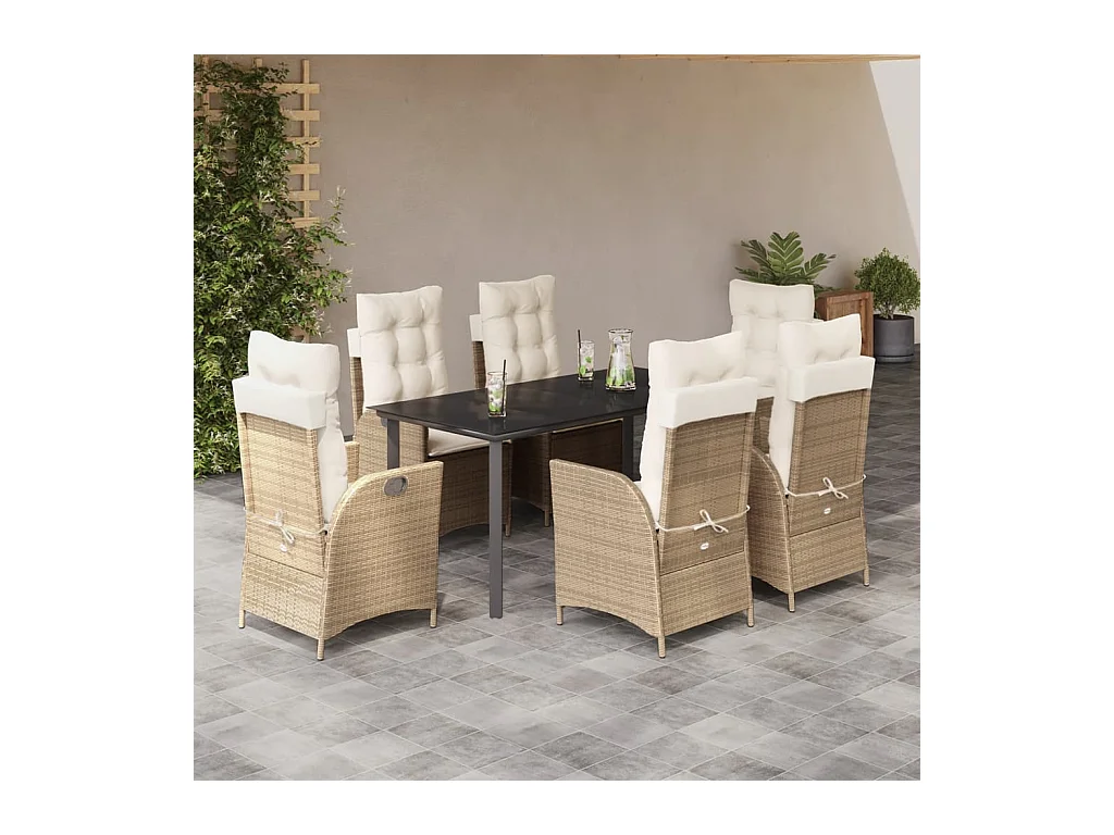 Ensemble à manger de jardin et coussins 7 pièces beige poly rotin