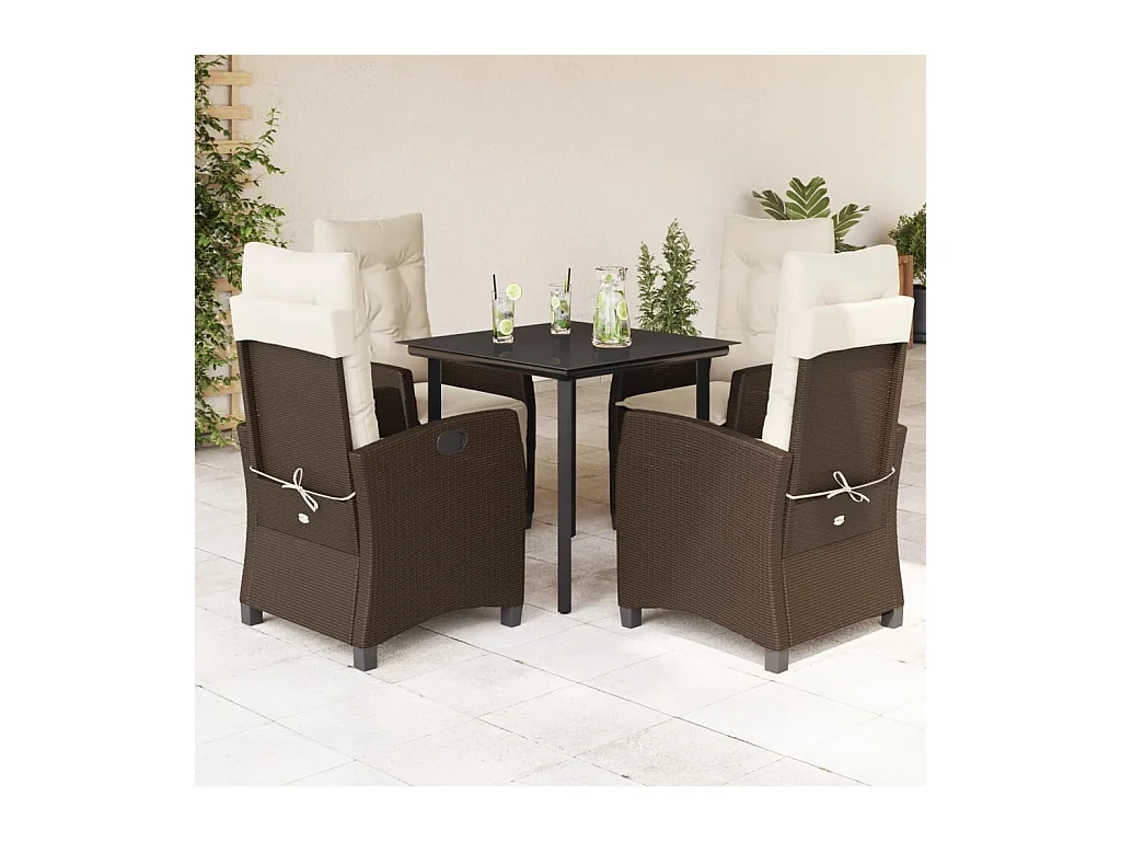Ensemble à manger de jardin 5 pièces et coussins marron poly rotin