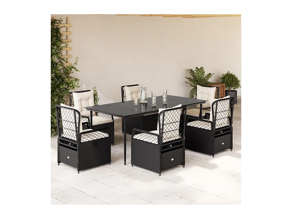 Ensemble à manger de jardin coussins 7 pièces Noir Résine tressée