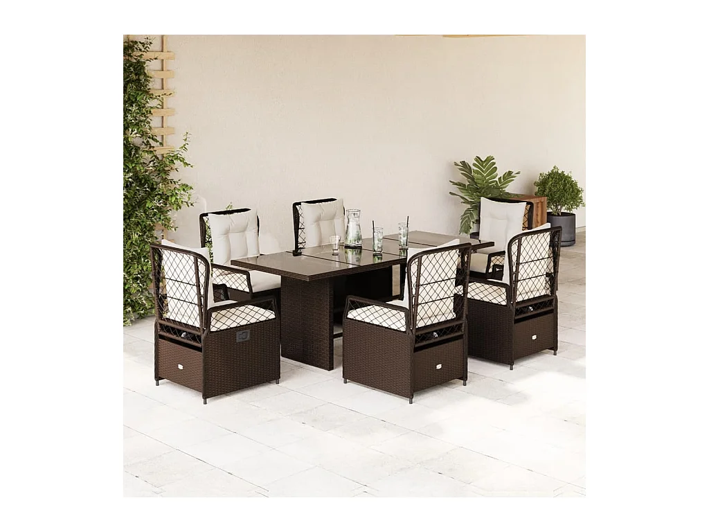 Ensemble à manger de jardin et coussins 7 pièces marron rotin
