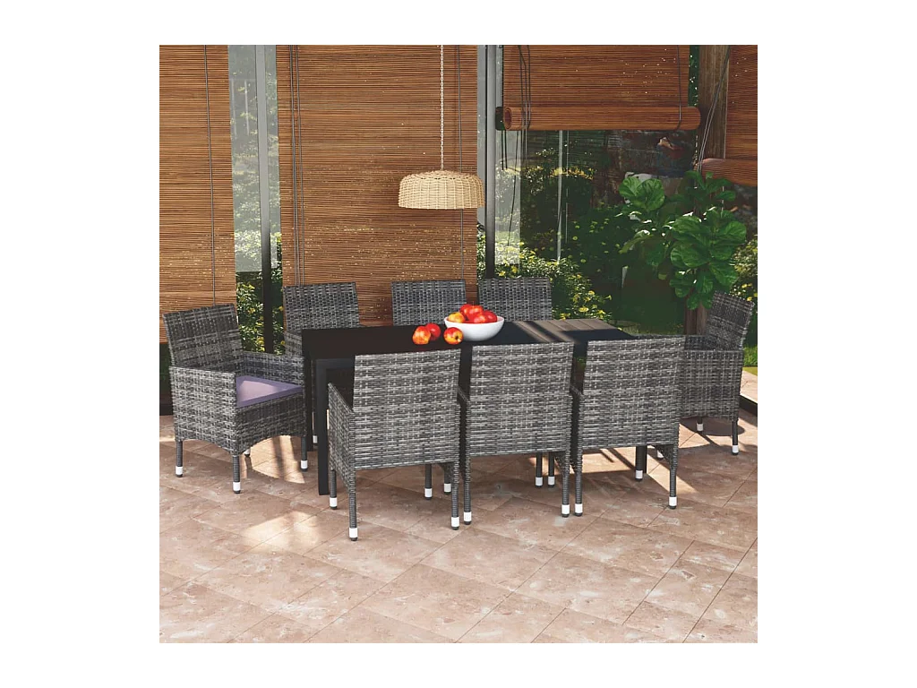 Mobilier à dîner de jardin et coussins 9 pièces Résine tressée Gris