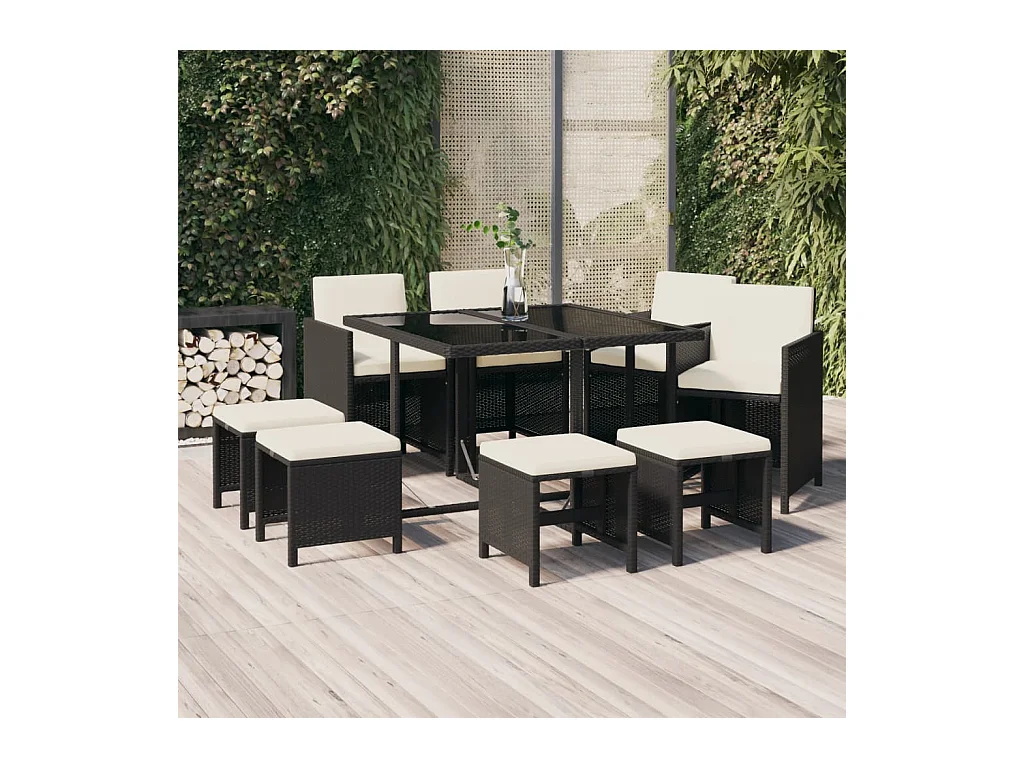 Mobilier à dîner de jardin et coussins 9 pièces Résine tressée Noir