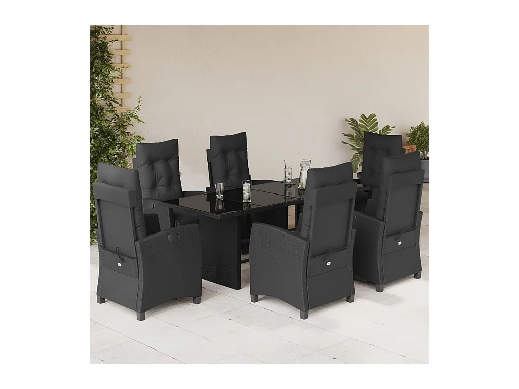 Ensemble à manger de jardin coussins 7 pièces Noir Résine tressée