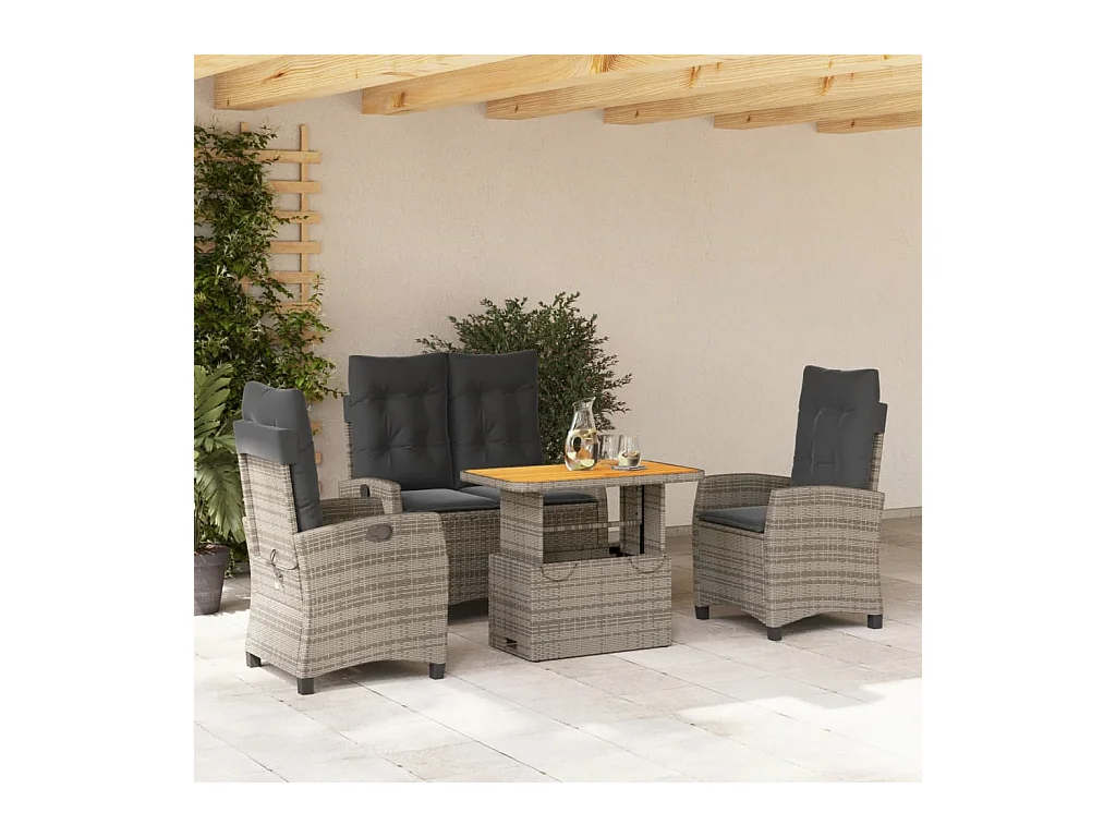 Ensemble à manger jardin 4pièces et coussins Gris Résine tressée