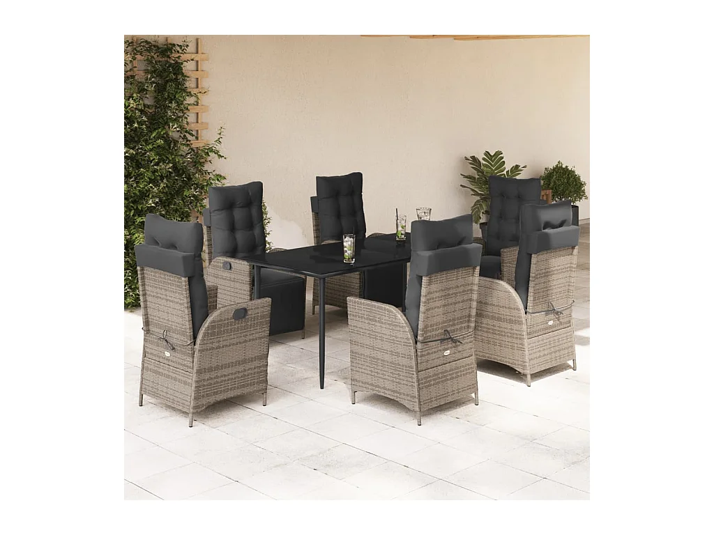 Set comedor jardín 7 piezas y cojines ratán sintético gris