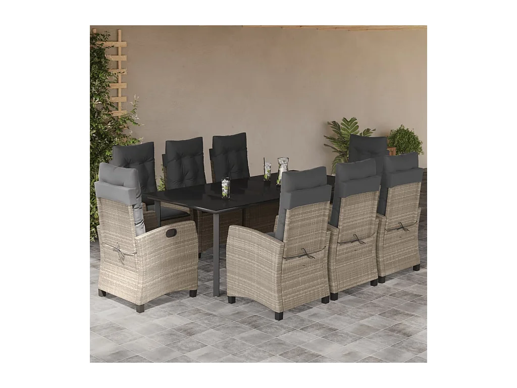 9 peças conjunto de jantar p/ jardim c/ almofadões cinzento claro