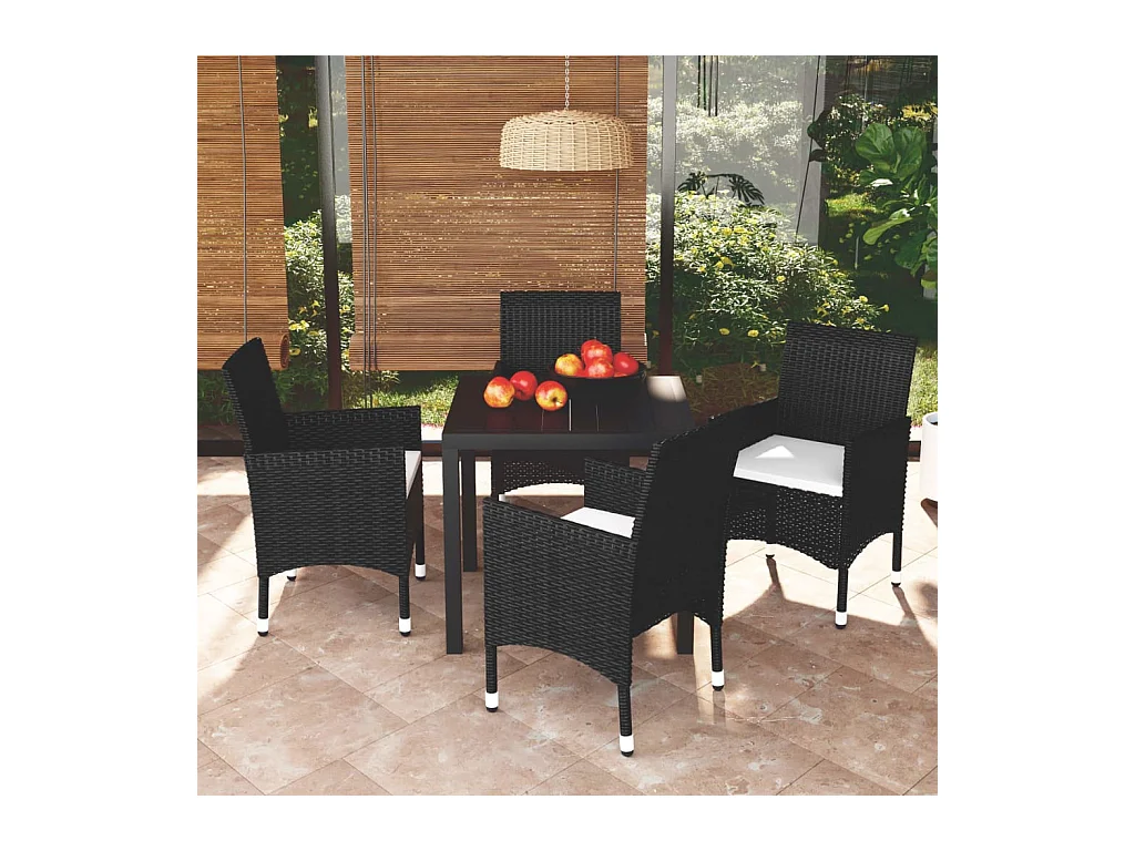 Mobilier à dîner de jardin et coussins 5 pièces Résine tressée Noir