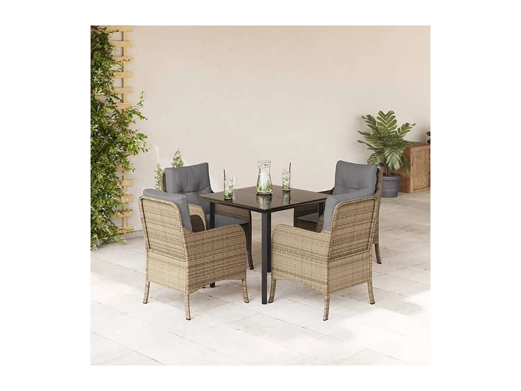Ensemble à manger de jardin avec coussins 5 pièces Beige poly rotin
