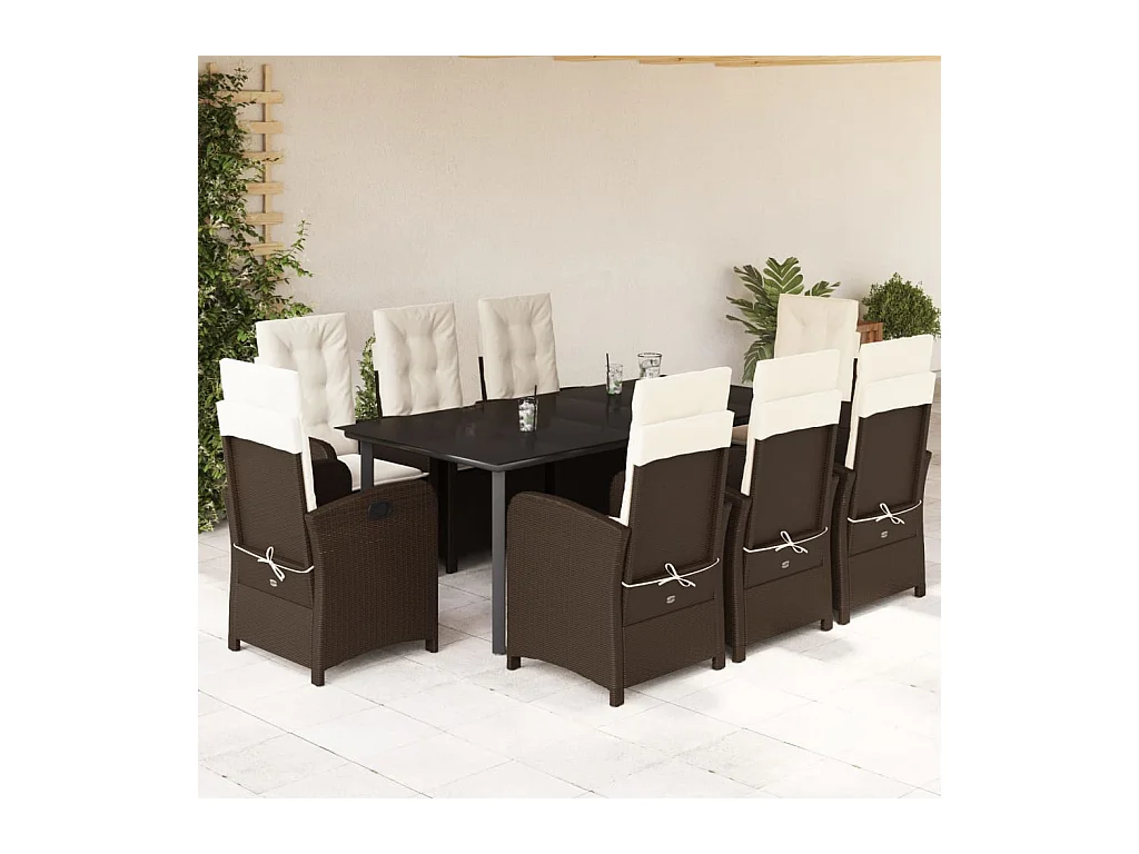 Ensemble à manger de jardin et coussins 9 pièces marron poly rotin