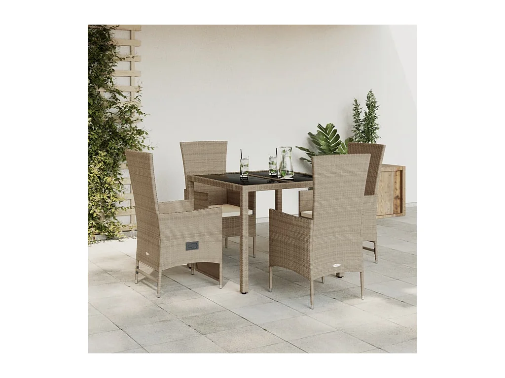 Ensemble à manger de jardin avec coussins 5 pièces Beige poly rotin