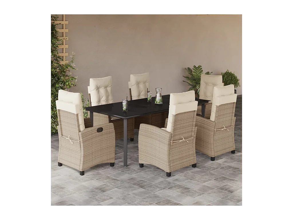 Ensemble à manger de jardin et coussins 7 pièces beige poly rotin