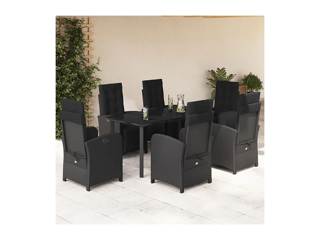 Ensemble à manger de jardin coussins 7 pièces Noir Résine tressée