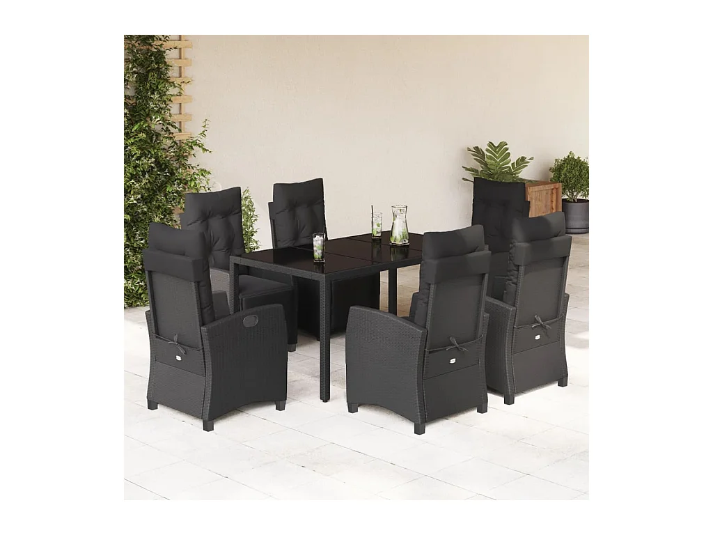 Ensemble à manger de jardin coussins 7 pièces Noir Résine tressée