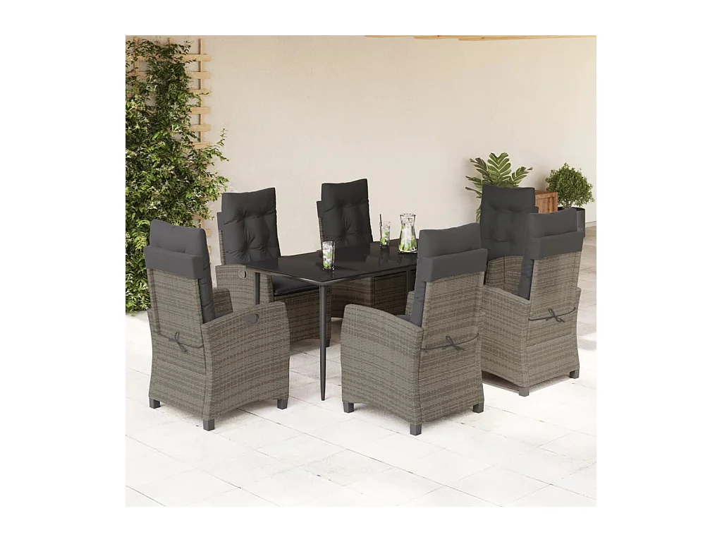 Set comedor jardín 7 piezas y cojines ratán sintético gris