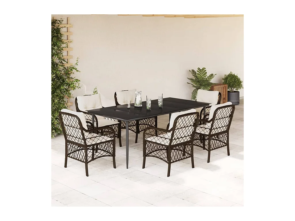 Ensemble à manger de jardin et coussins 7 pièces marron rotin