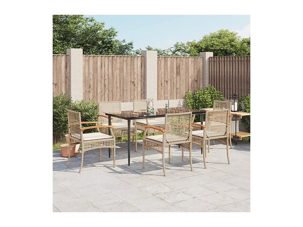 Ensemble à manger de jardin et coussins 7 pièces beige poly rotin