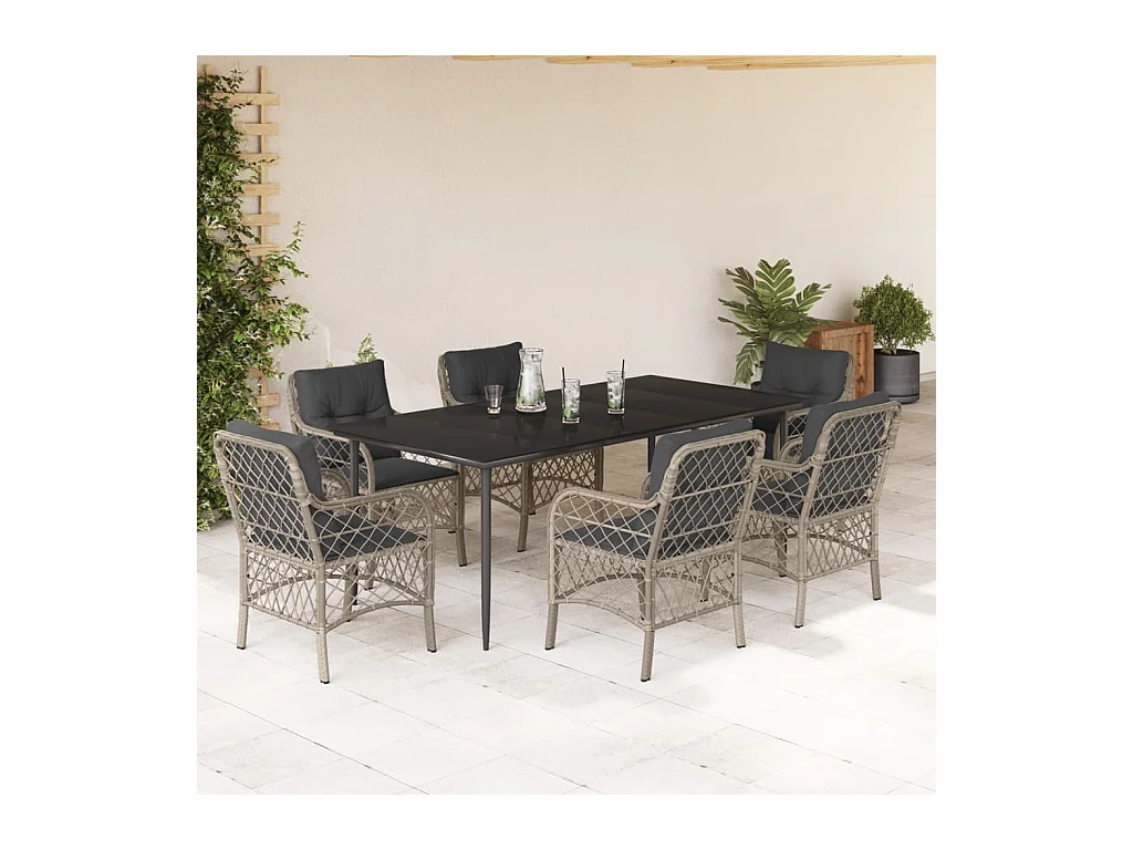 Ensemble à manger de jardin et coussins 7 pièces gris clair rotin